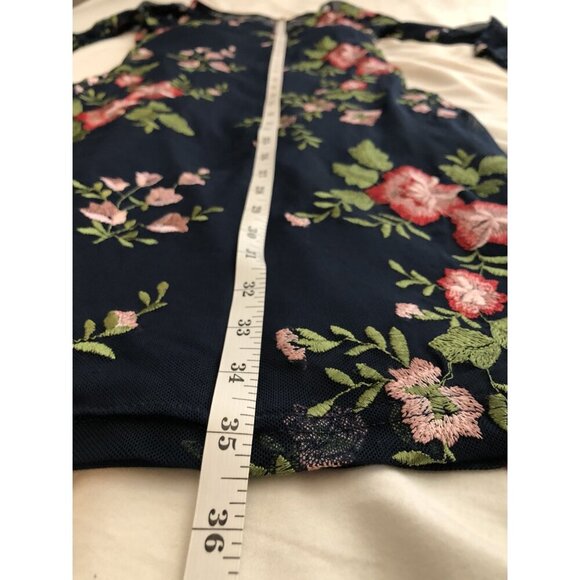 Lulus Mesh Embroidered Floral Bodycon Dress XS Navy 3/4 Sleeves Wedding Guest - Picture 8 of 8